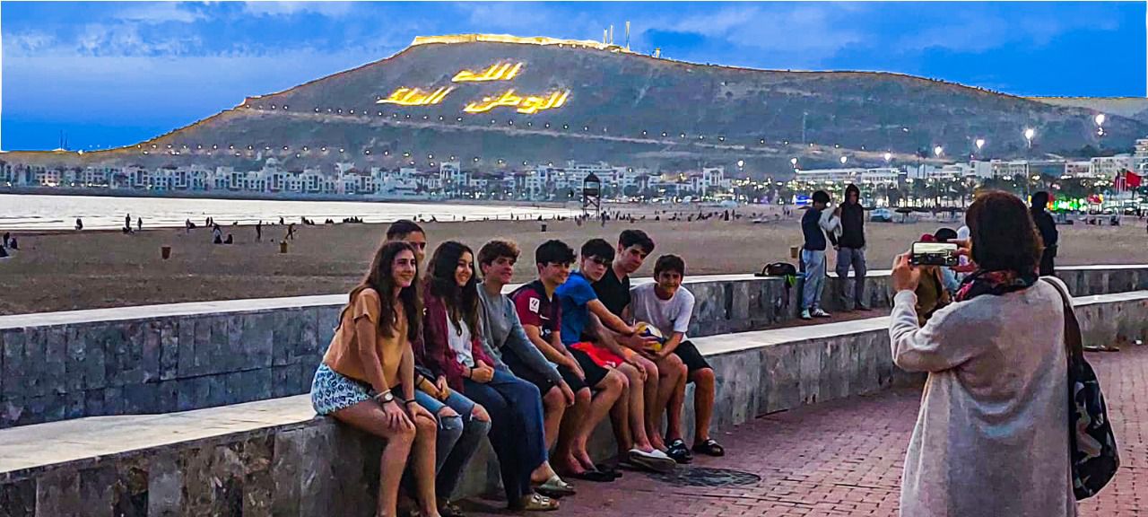 Panoramic view of Agadir beach and marina with golden sands and blue ocean
